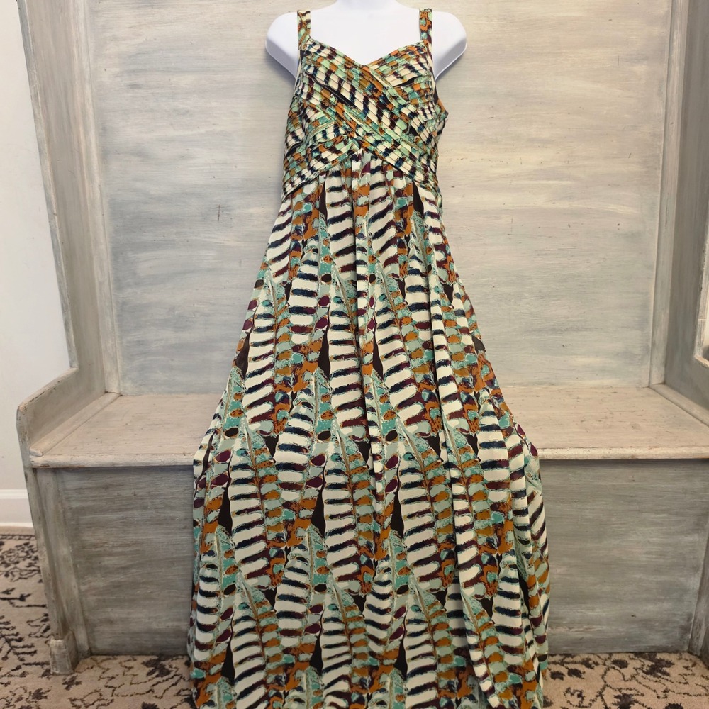Roz & Ali Multicolor Abstract Geometric Print Empire Waist Maxi Dress Size 14 GC